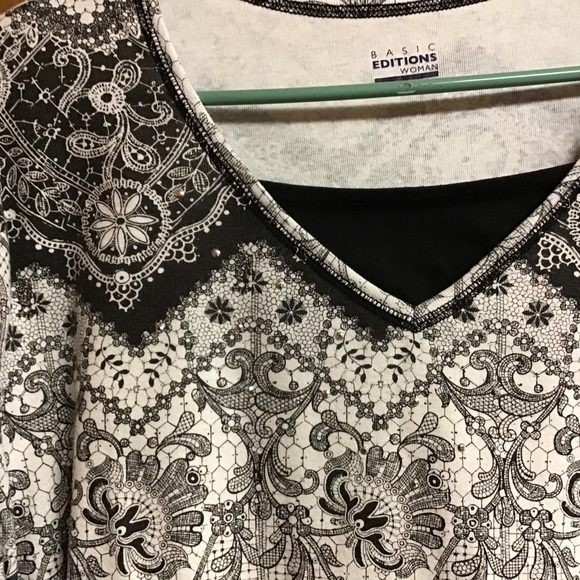 BASIC EDITIONS women’s top, 3/4 LENGTH sleeve, plus sz 2X black and white - Picture 1 of 6
